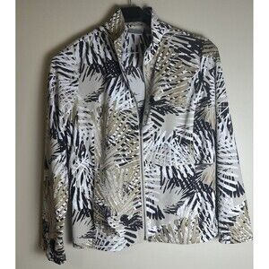 Chico's Zenergy Brown Palm Print Jacket Sz 1 Large Full Zip Tropical Athleisure